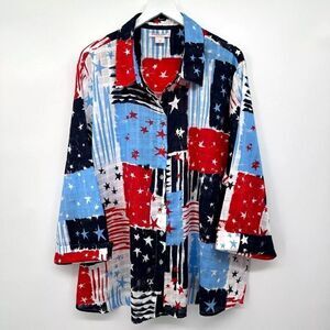 NWT Cotton Blend USA 250th Theme Stars & Stripes 3/4 Sleeve Flowy Shirt 1X 2X 3X